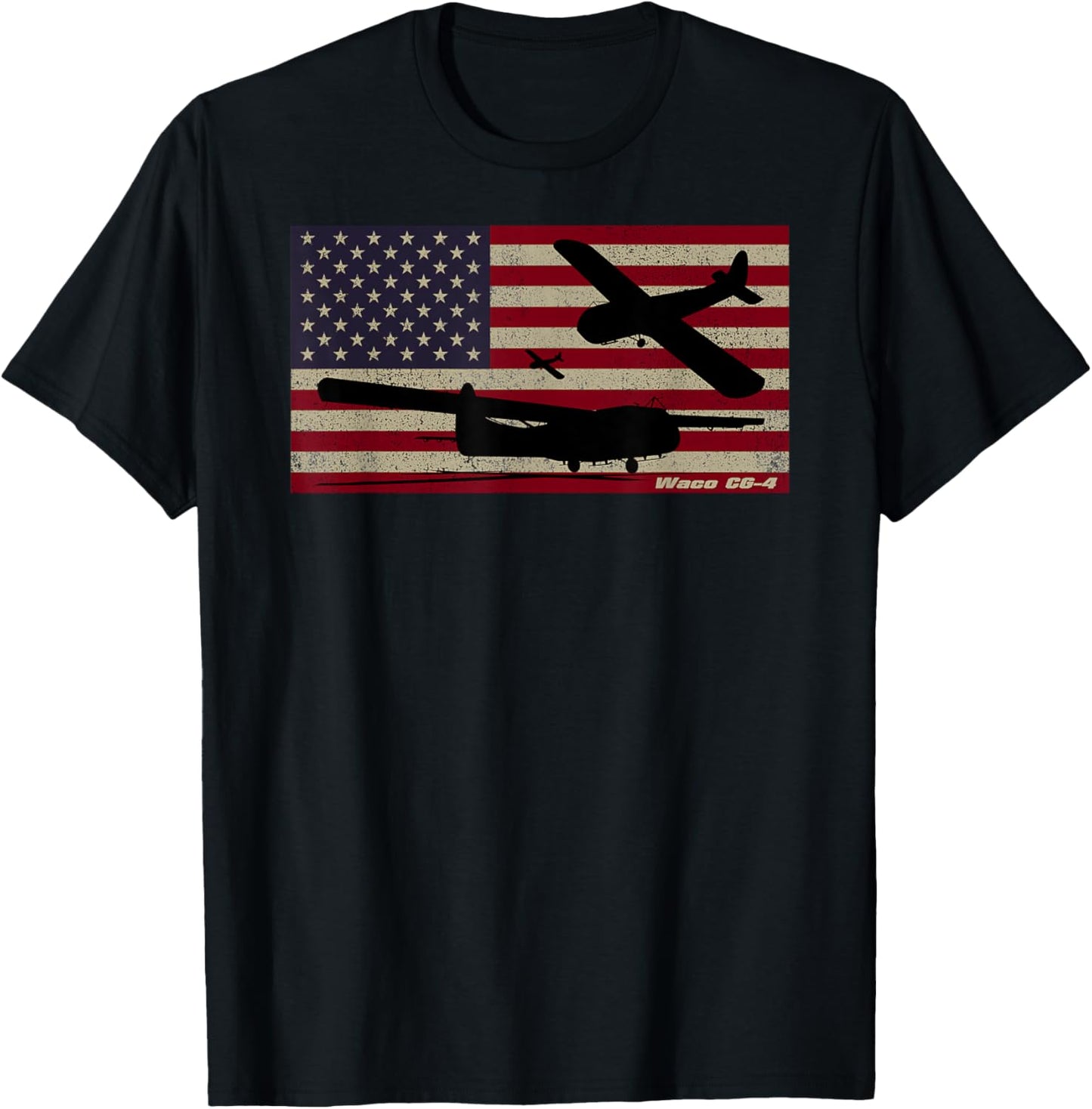 Waco CG-4 WW2 Military Glider American Flag T-Shirt - T-Shirt | Black