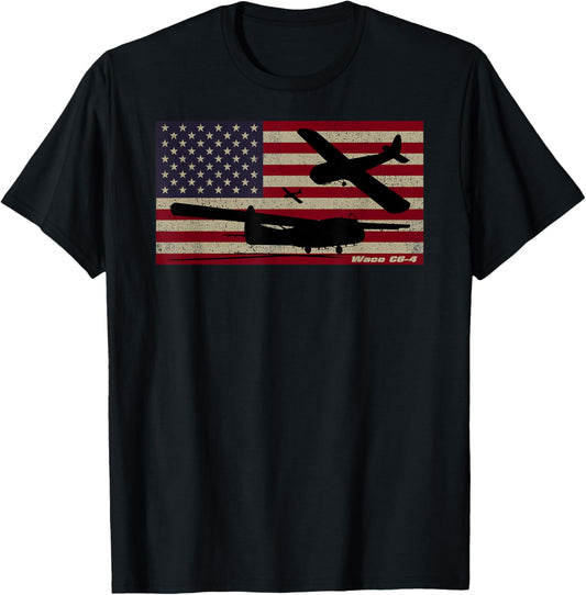 Waco CG-4 WW2 Military Glider American Flag T-Shirt - T-Shirt | Black