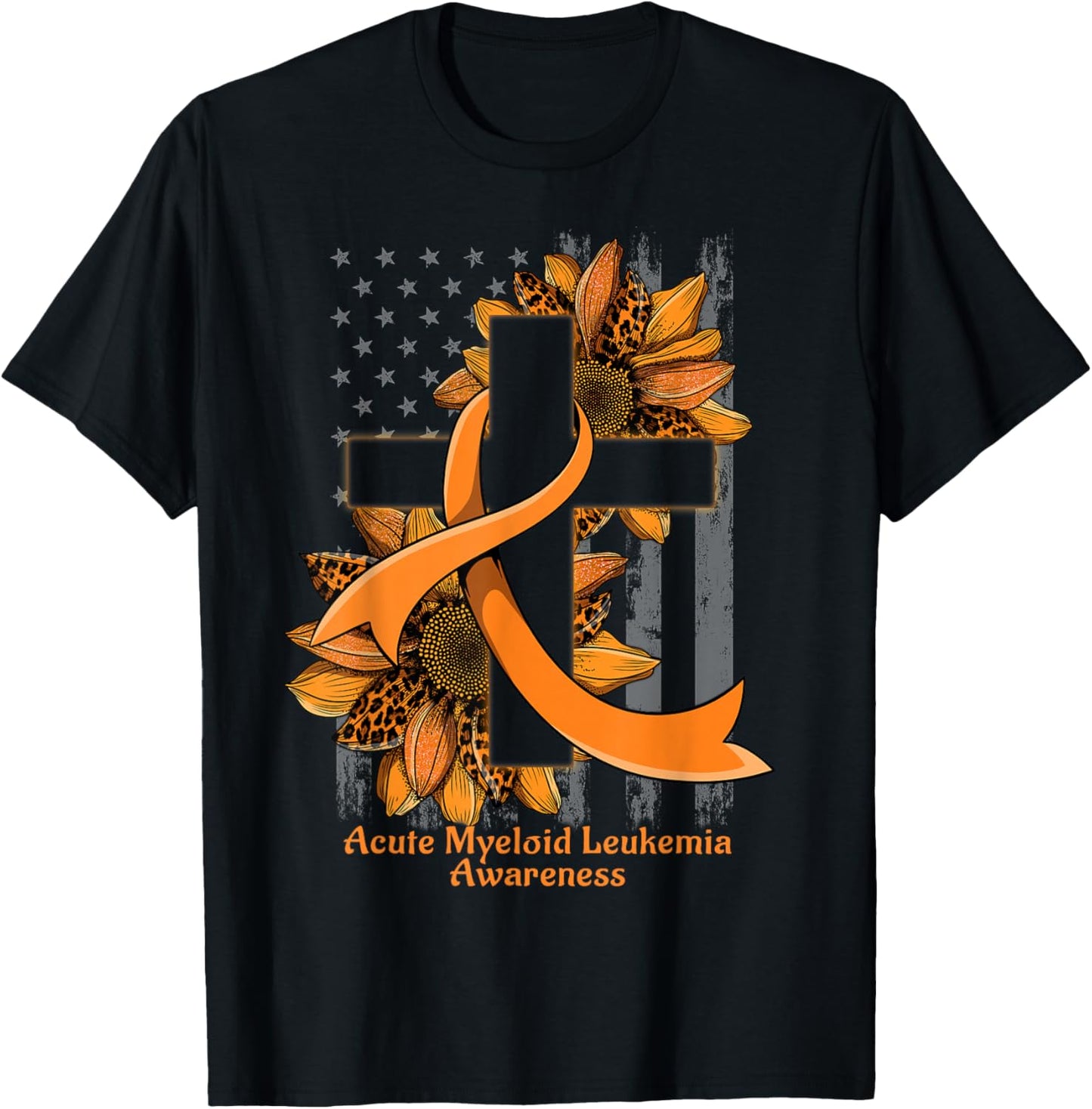 Sunflower Christian Cross Acute Myeloid Leukemia Awareness T-Shirt - T-Shirt | Black