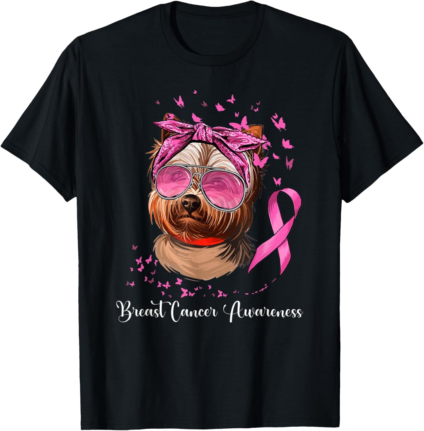 Yorkie Dog Lover Pink Ribbon Breast Cancer Awareness T-Shirt - T-Shirt | Black