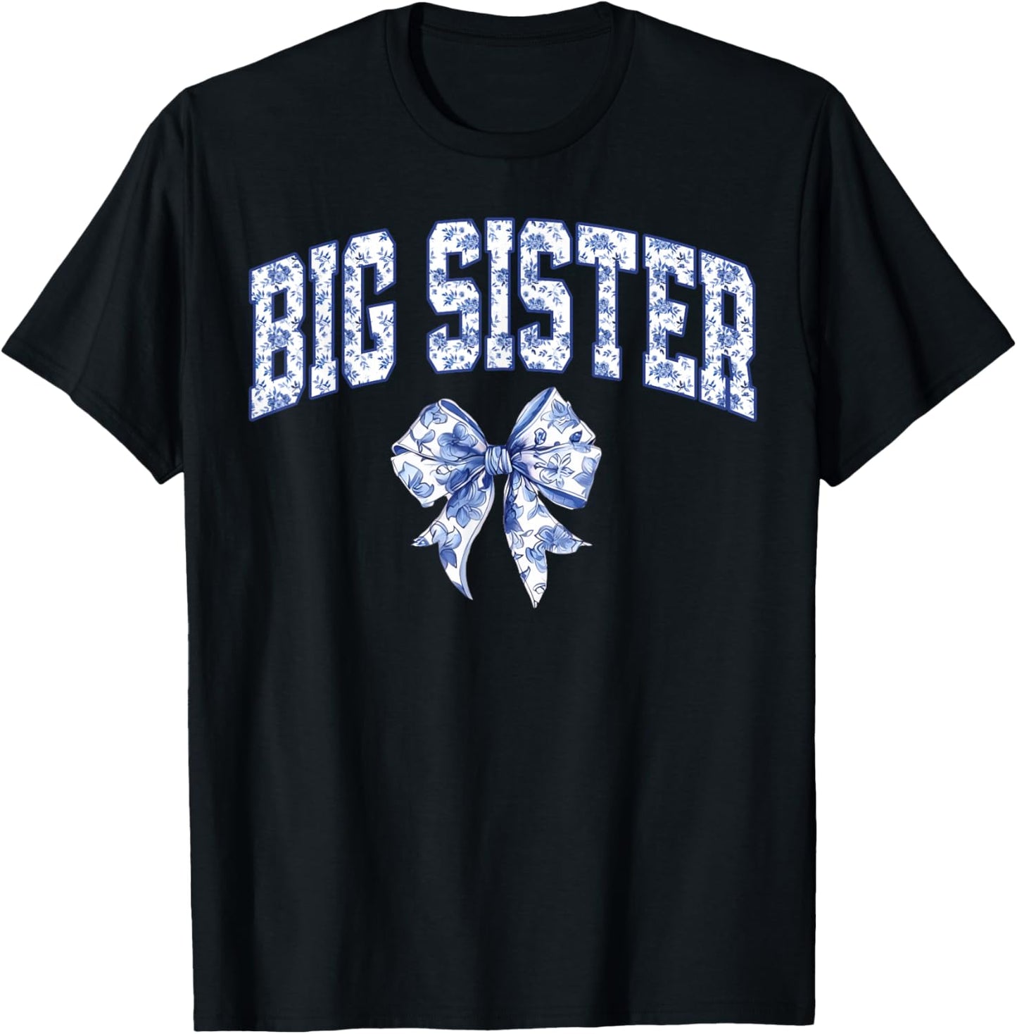 Big Sister Coquette Toile Blue Bow Floral Family Matching T-Shirt - T-Shirt | Black