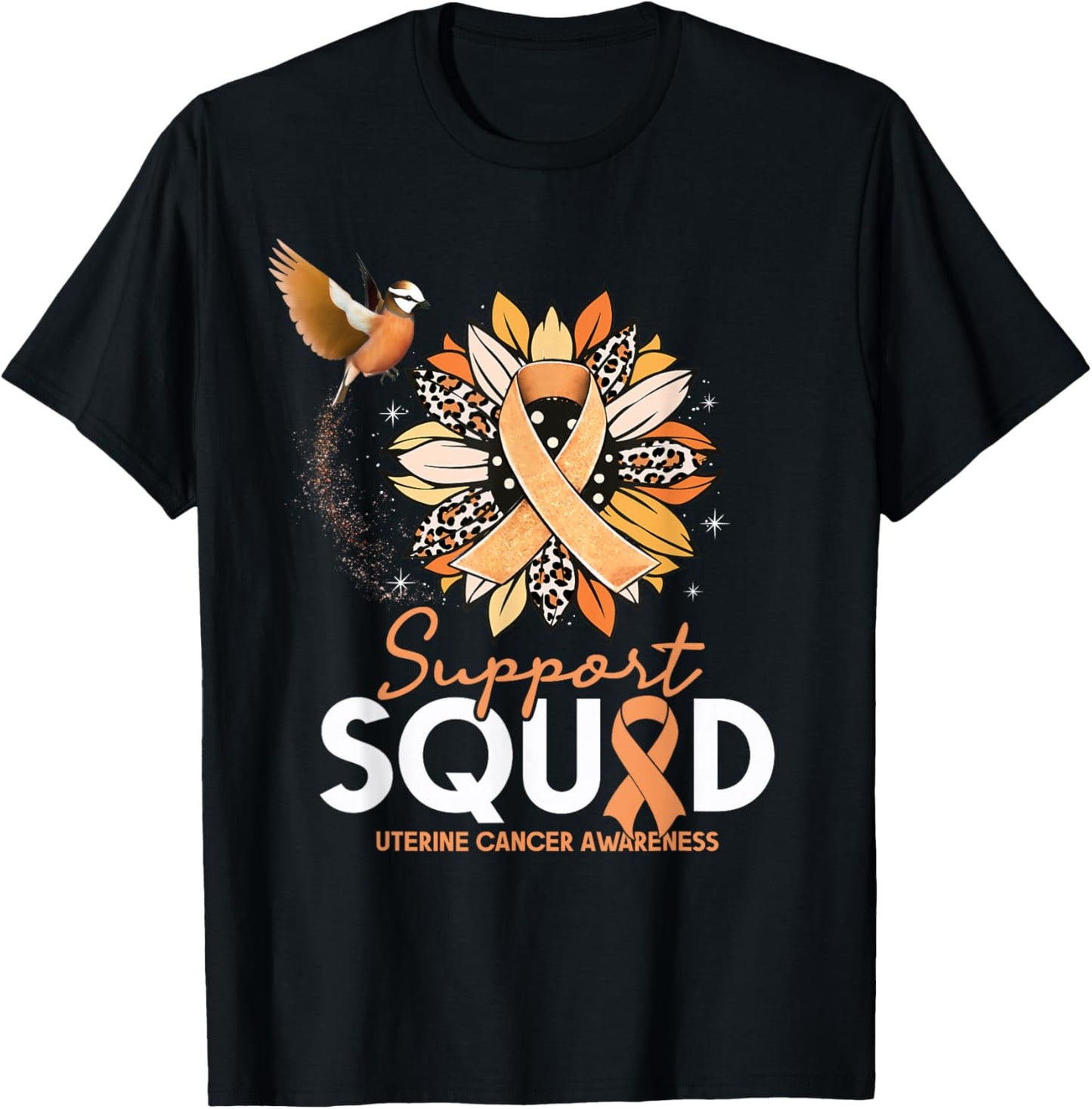 Support Squad Sunflower Hummingbird Uterine Cancer Awareness T-Shirt - T-Shirt | Black