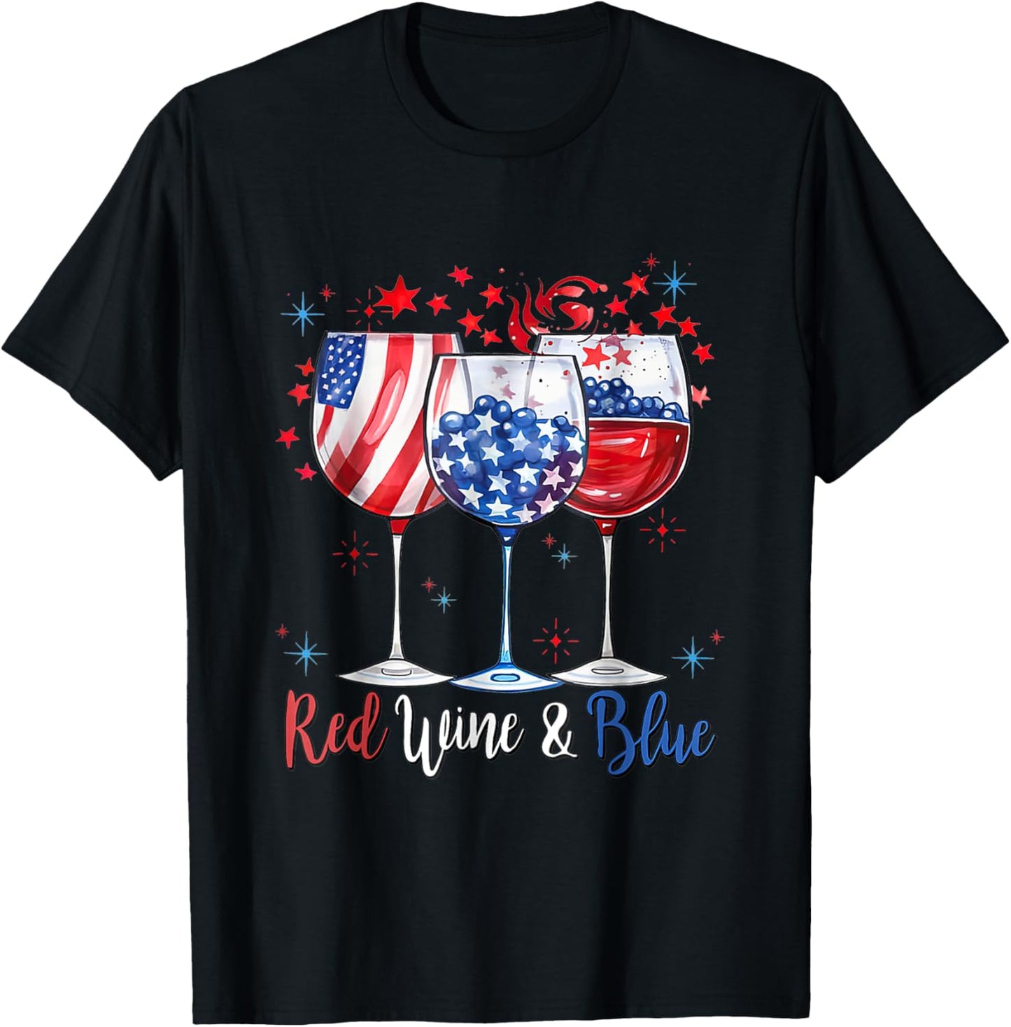 Red Wine & Blue 4th Of July Wine Glasses American Flag Men T-Shirt - T-Shirt | Black