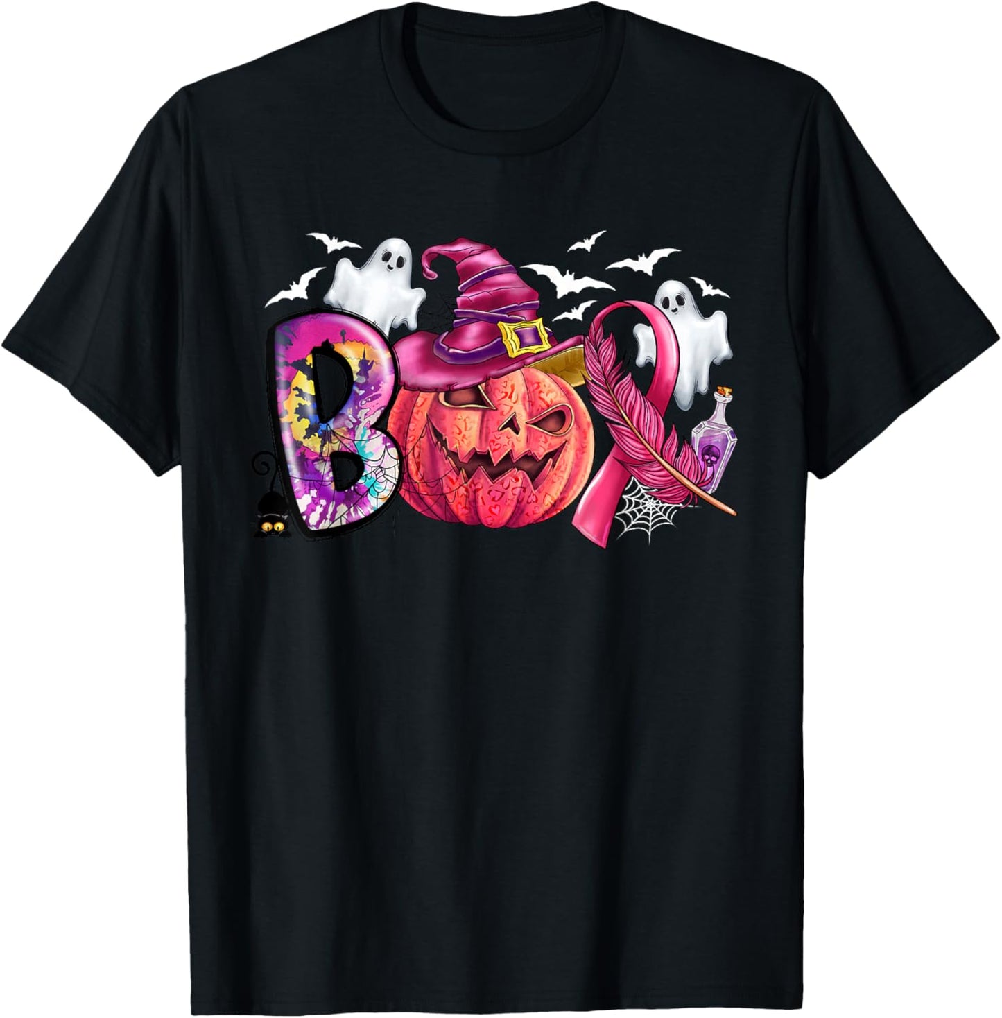 Boo Halloween Pumpkin Pink Ribbon Witch Breast Cancer Ribbon T-Shirt - T-Shirt | Black