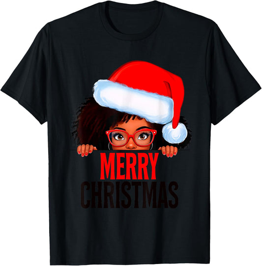 Mrs. Claus Santa Melanin Christmas Black Peeking Claus T-Shirt - T-Shirt | Black