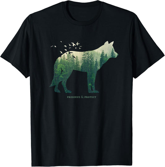 Preserve & Protect Environmental Protection Climate Protection Wolf Silhouette T-Shirt - T-Shirt | Black