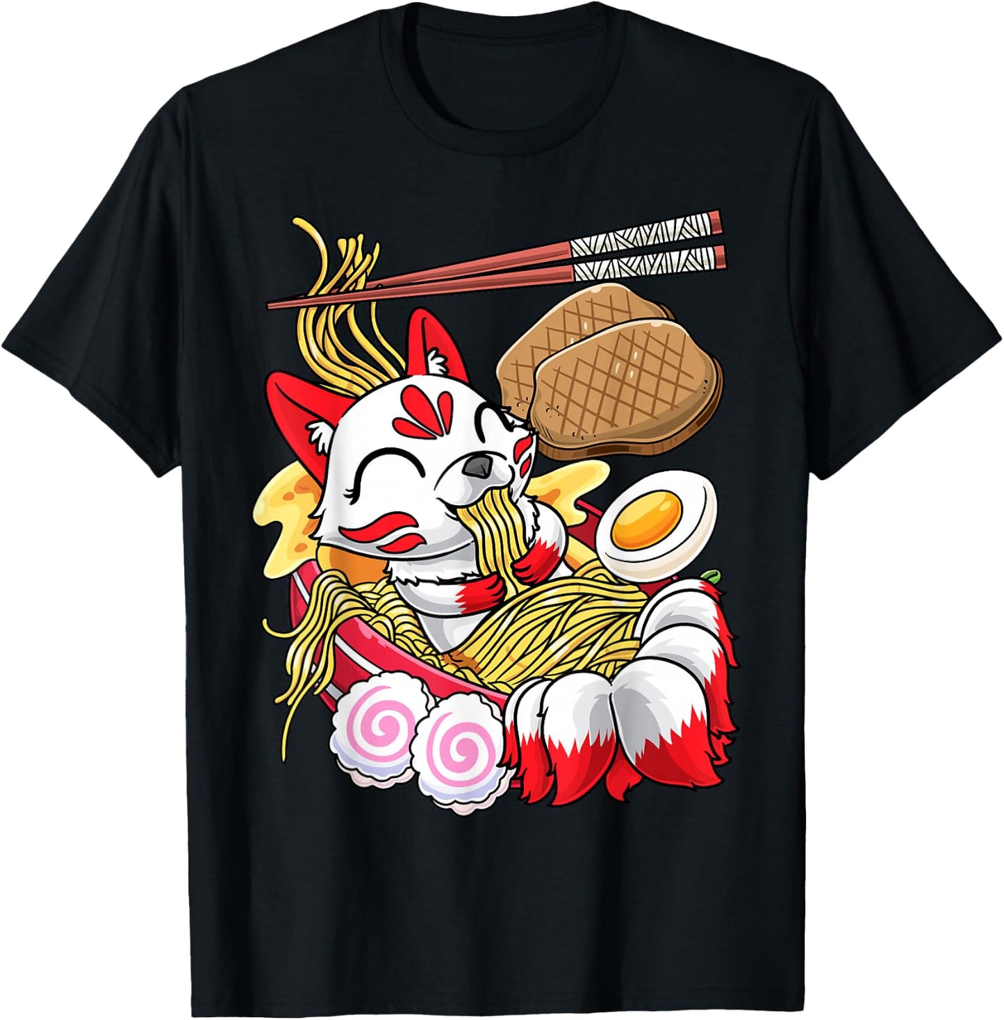 Kawaii Kitsune Fox Ramen Noodles Japanese Food T-Shirt - T-Shirt | Black