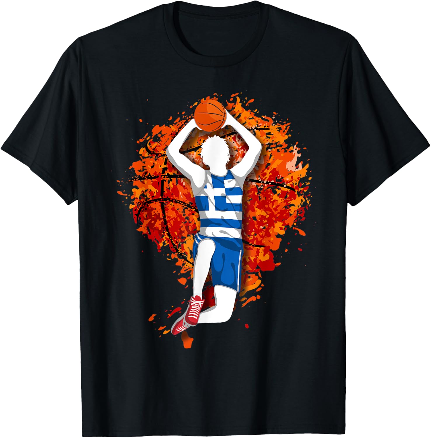 Greece Basketball Greek National Flag Mid Air Slam Dunk T-Shirt - T-Shirt | Black