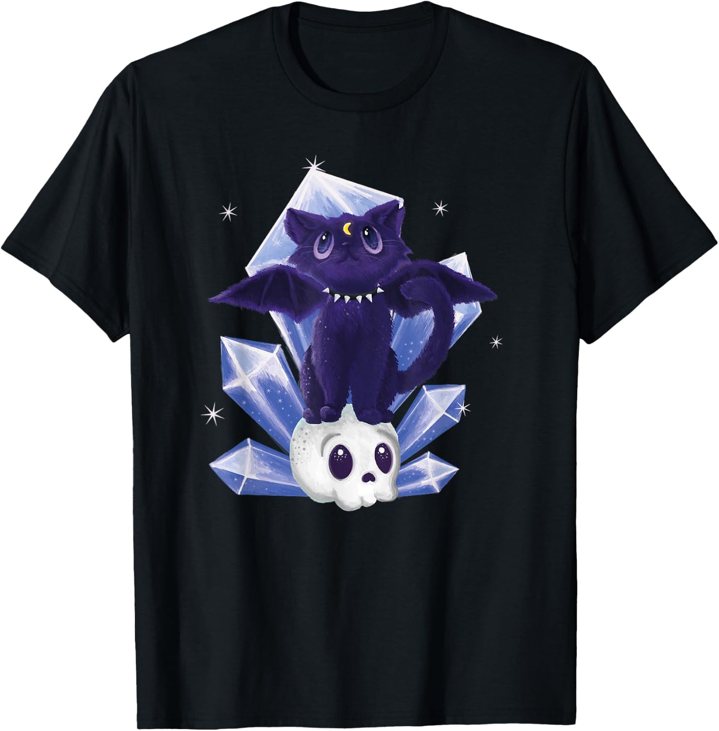 Kawaii Pastel Goth Cute Creepy Witchy Cat and Skull T-Shirt - T-Shirt | Black