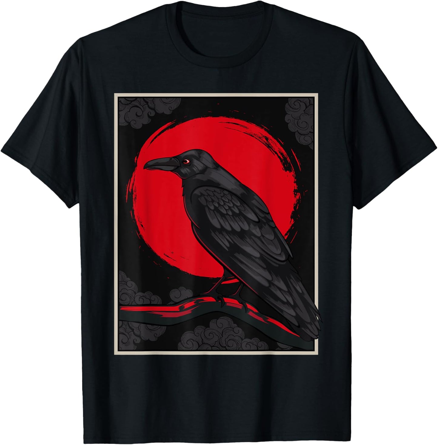 Black Raven Moon Nordic Red Crow Lover Design Japanese T-Shirt - T-Shirt | Black