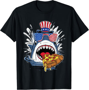 funny Shark Eating Pizza 4th of july shark glasses usa flag Kids Men T-Shirt - T-Shirt | Black