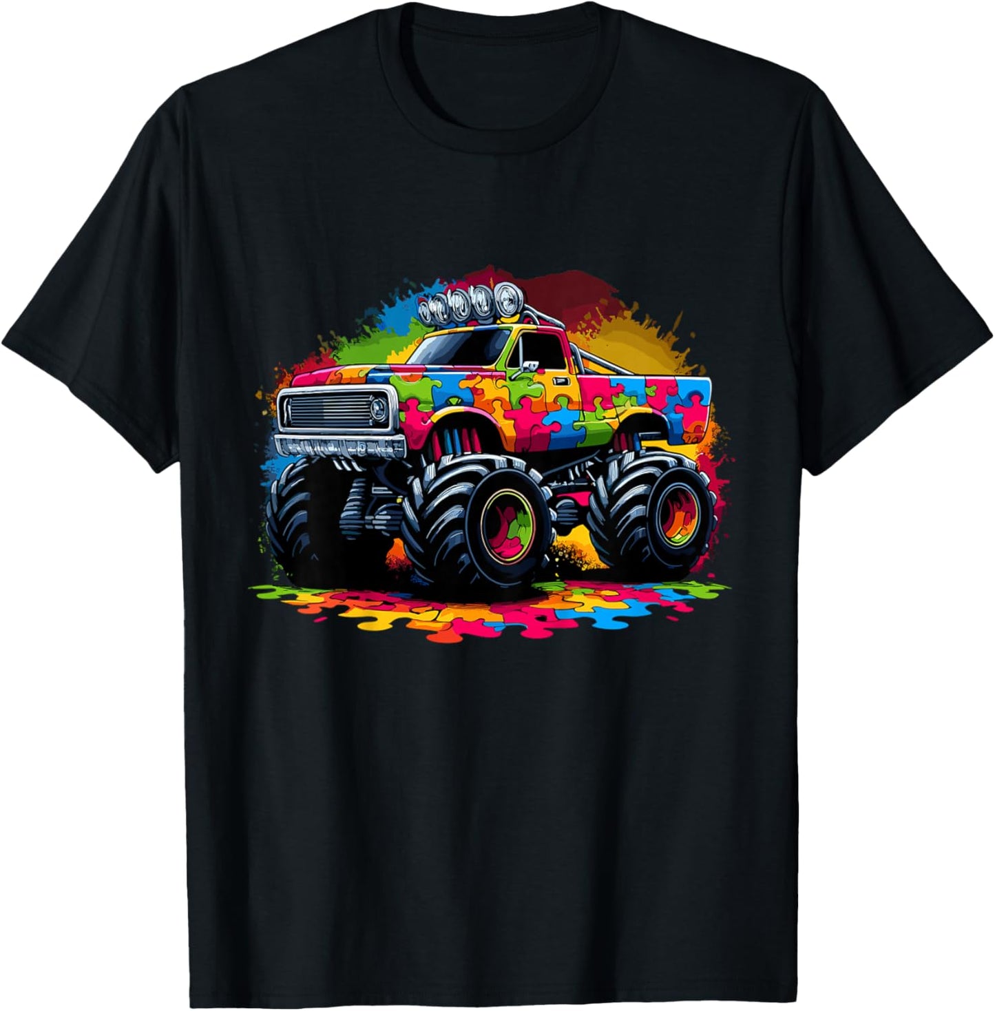 Autism Awareness Puzzle Monster Truck Autism T-Shirt - T-Shirt | Black