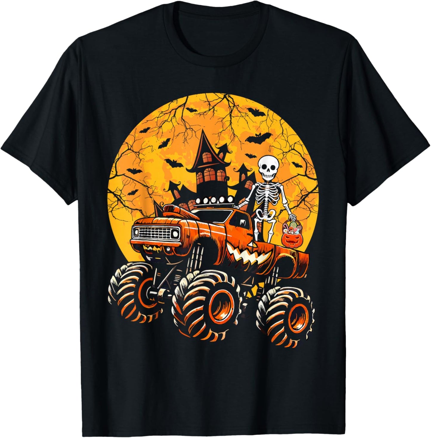 Halloween Skeleton Riding Monster Truck Pumpkin Boys Kids T-Shirt - T-Shirt | Black
