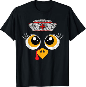 Thanksgiving Scrub Tops Women Turkey Face Nurse Holiday T-Shirt - T-Shirt | Black