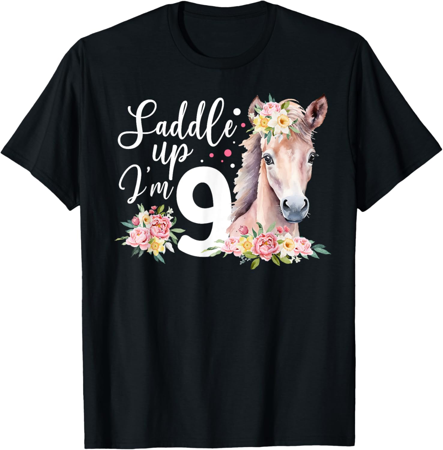 9th Horse Birthday Nine Year Old Girl Horses Birthday T-Shirt - T-Shirt | Black