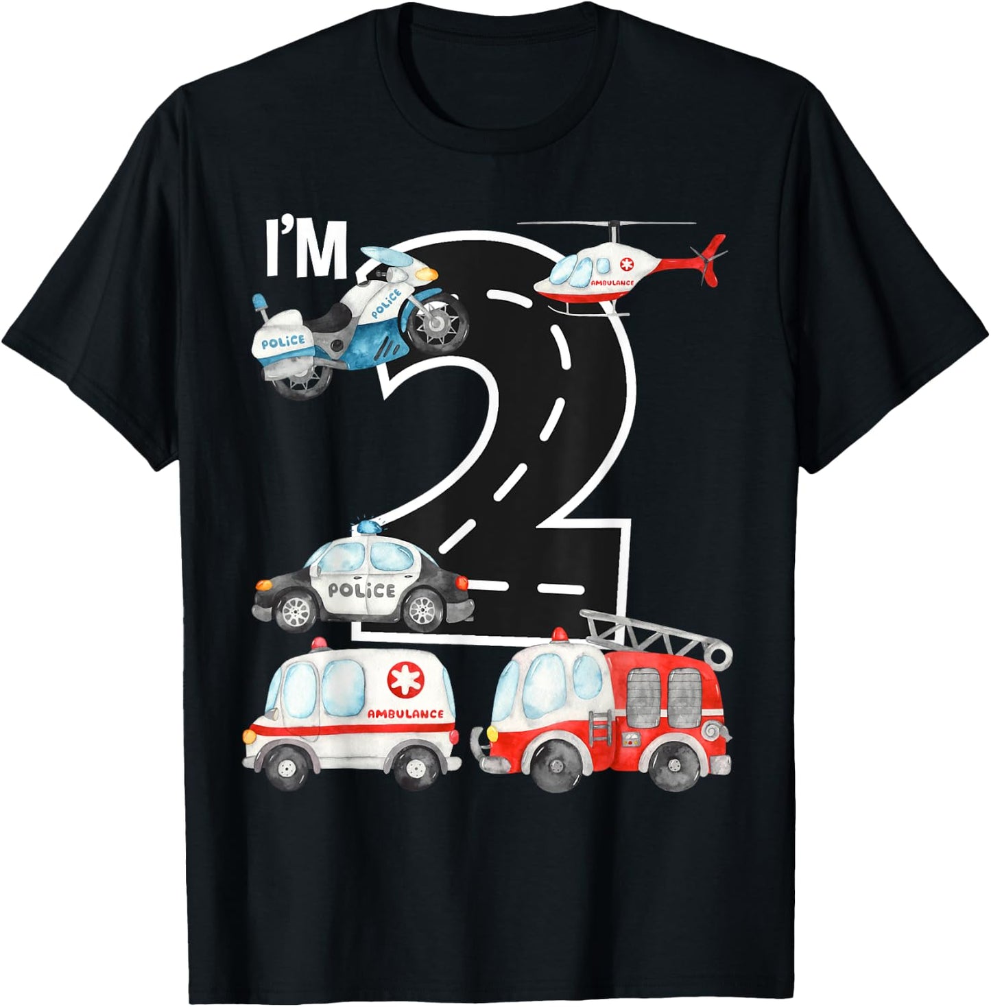 Emergency Vehicles 2nd Birthday Fire Truck Police Car Boys T-Shirt - T-Shirt | Black