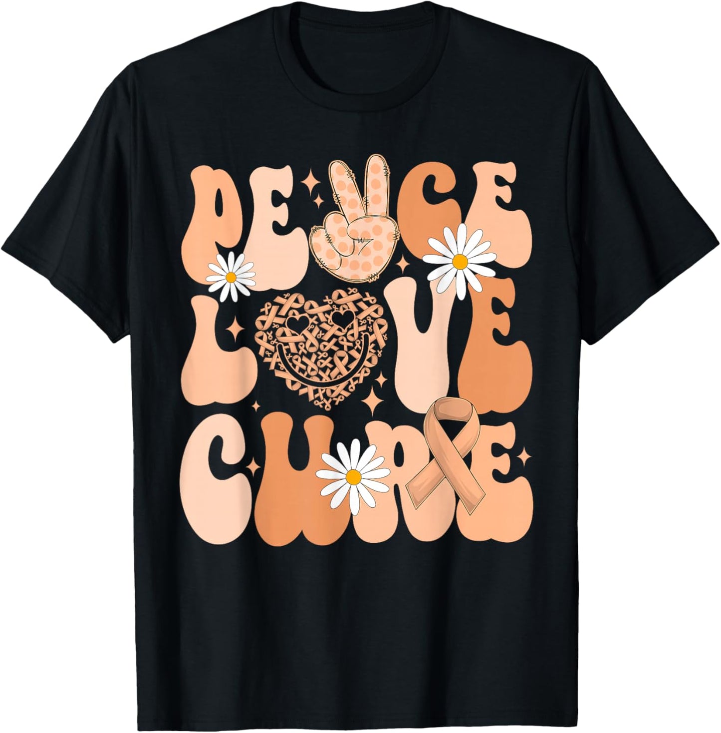 Retro Groovy Peace Love Cure Uterine Cancer Awareness Month T-Shirt - T-Shirt | Black