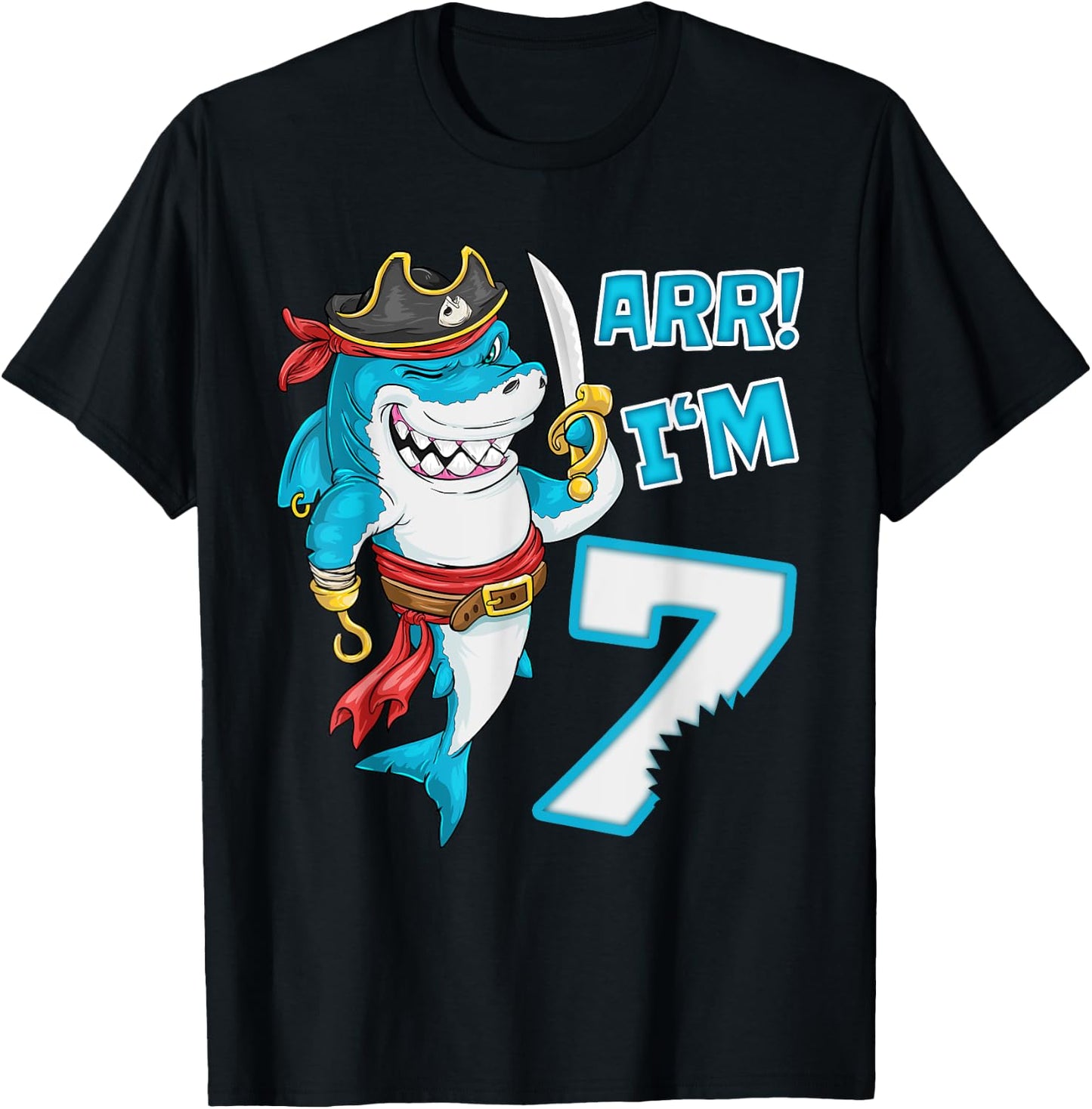 I'm 7 years Bday Shark pirate 7th Birthday boy pirate Party T-Shirt - T-Shirt | Black