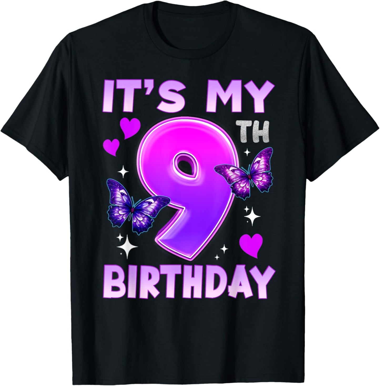 9th Birthday Butterfly Nine Bday 9 Year Old Birthday Girl T-Shirt - T-Shirt | Black