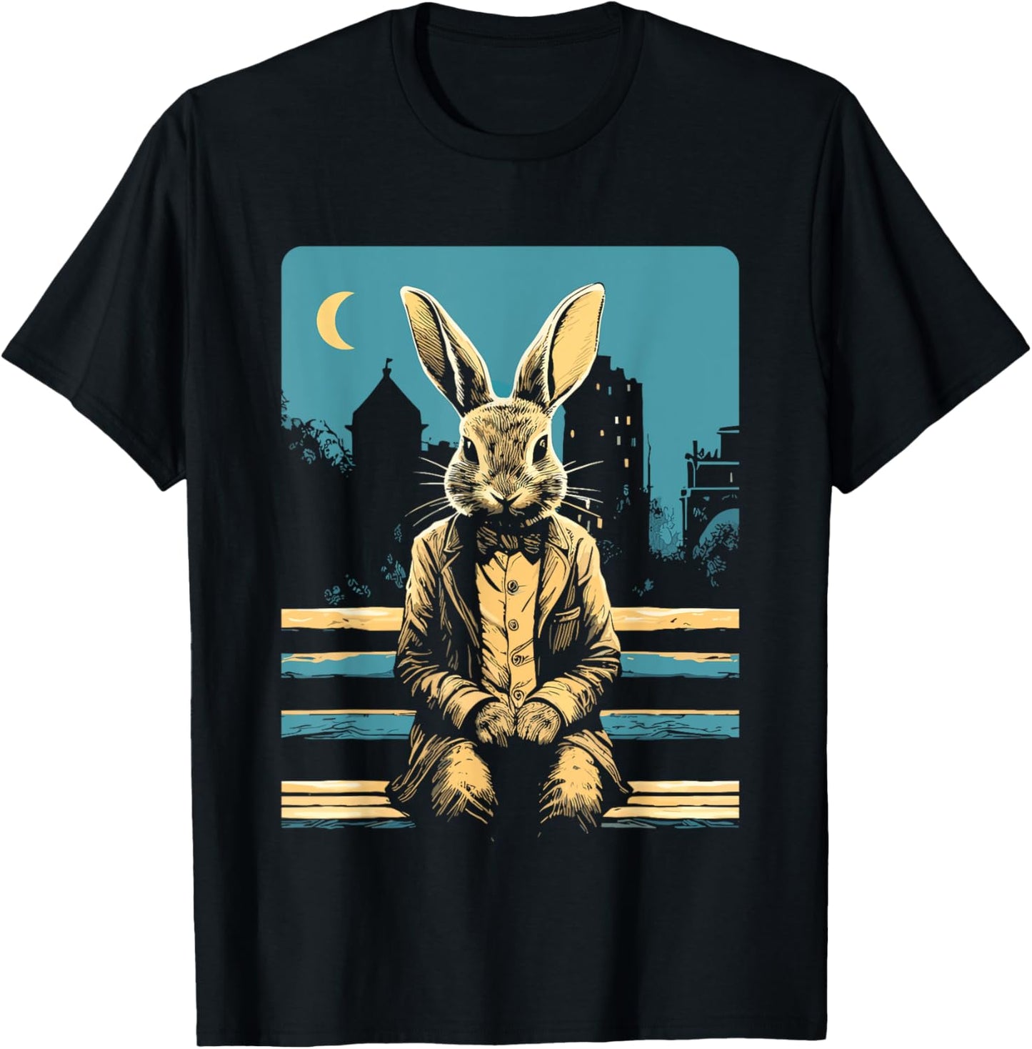 Rabbit on a park bench, Moon, Bunny Lovers, Men,Women, Kids T-Shirt - T-Shirt | Black