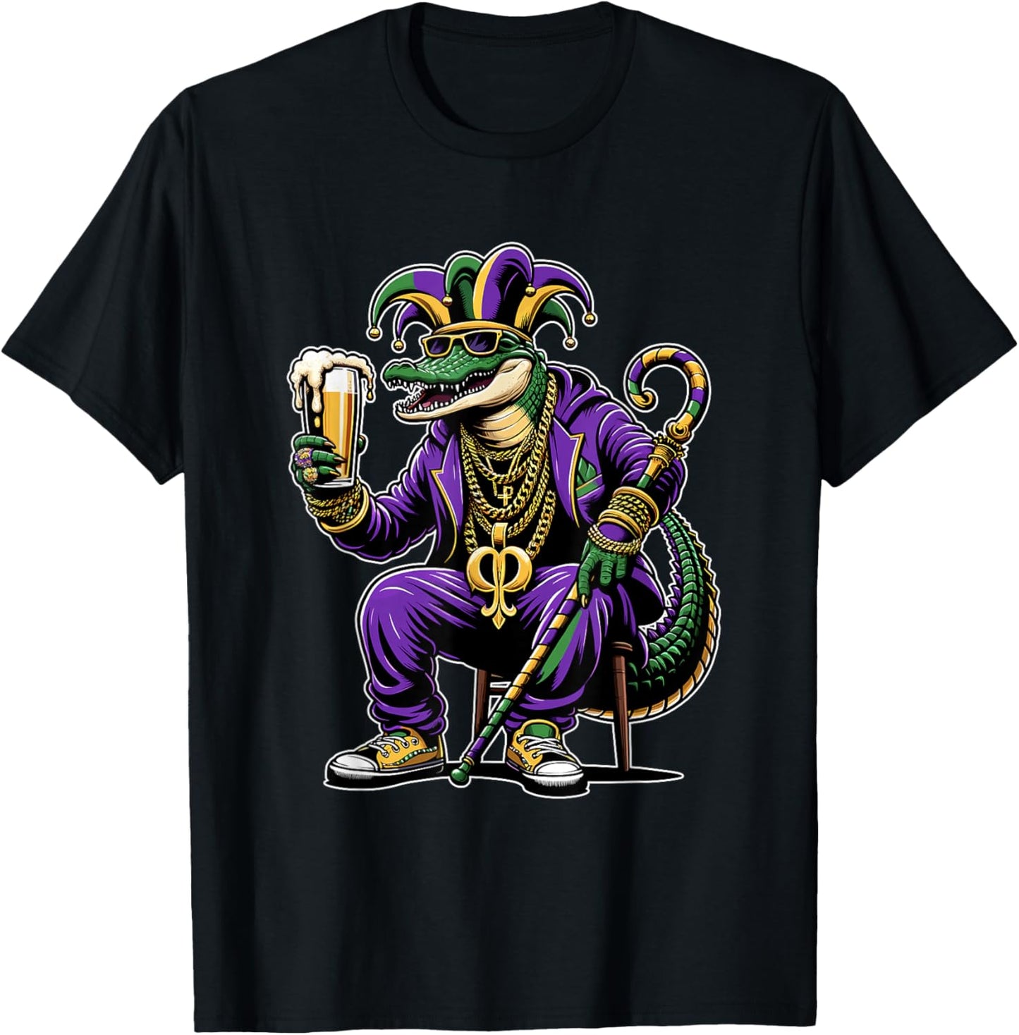 Beads & Bling Gangster Mardi Gras Gator Alligator Jester T-Shirt - T-Shirt | Black