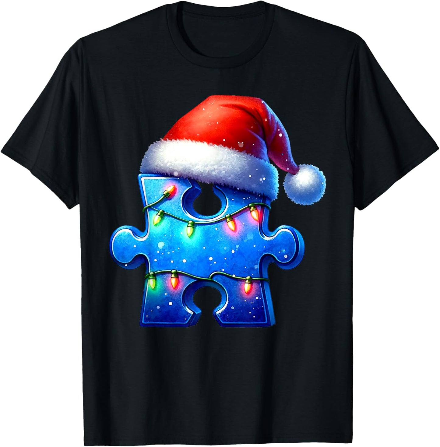 Puzzle Piece Santa Hat Autism Awareness Autistic Christmas T-Shirt - T-Shirt | Black