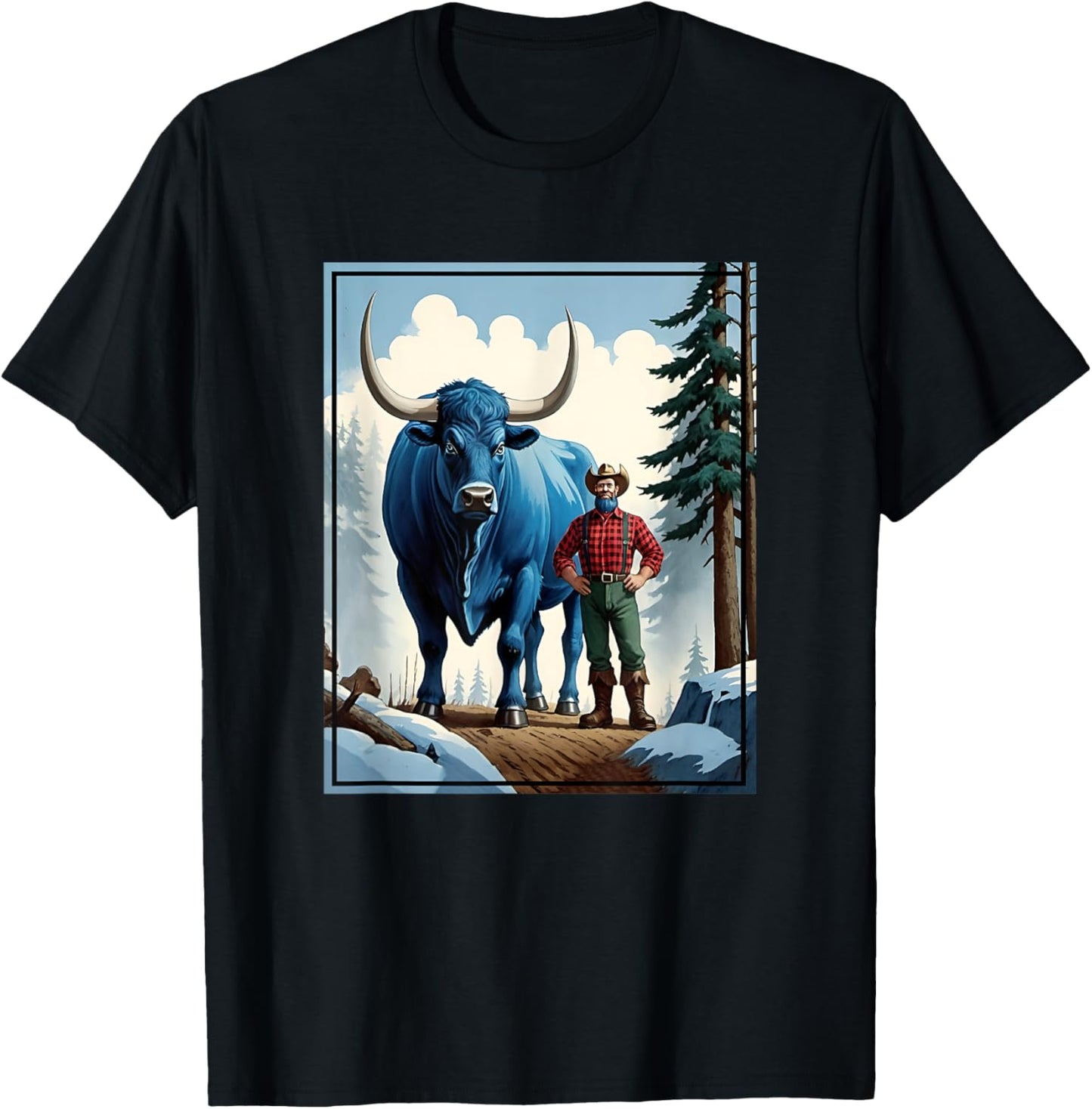 American Lumberjack Folk Hero Paul Bunyan & Babe The Giant Blue Ox in The Woods T-Shirt - T-Shirt | Black