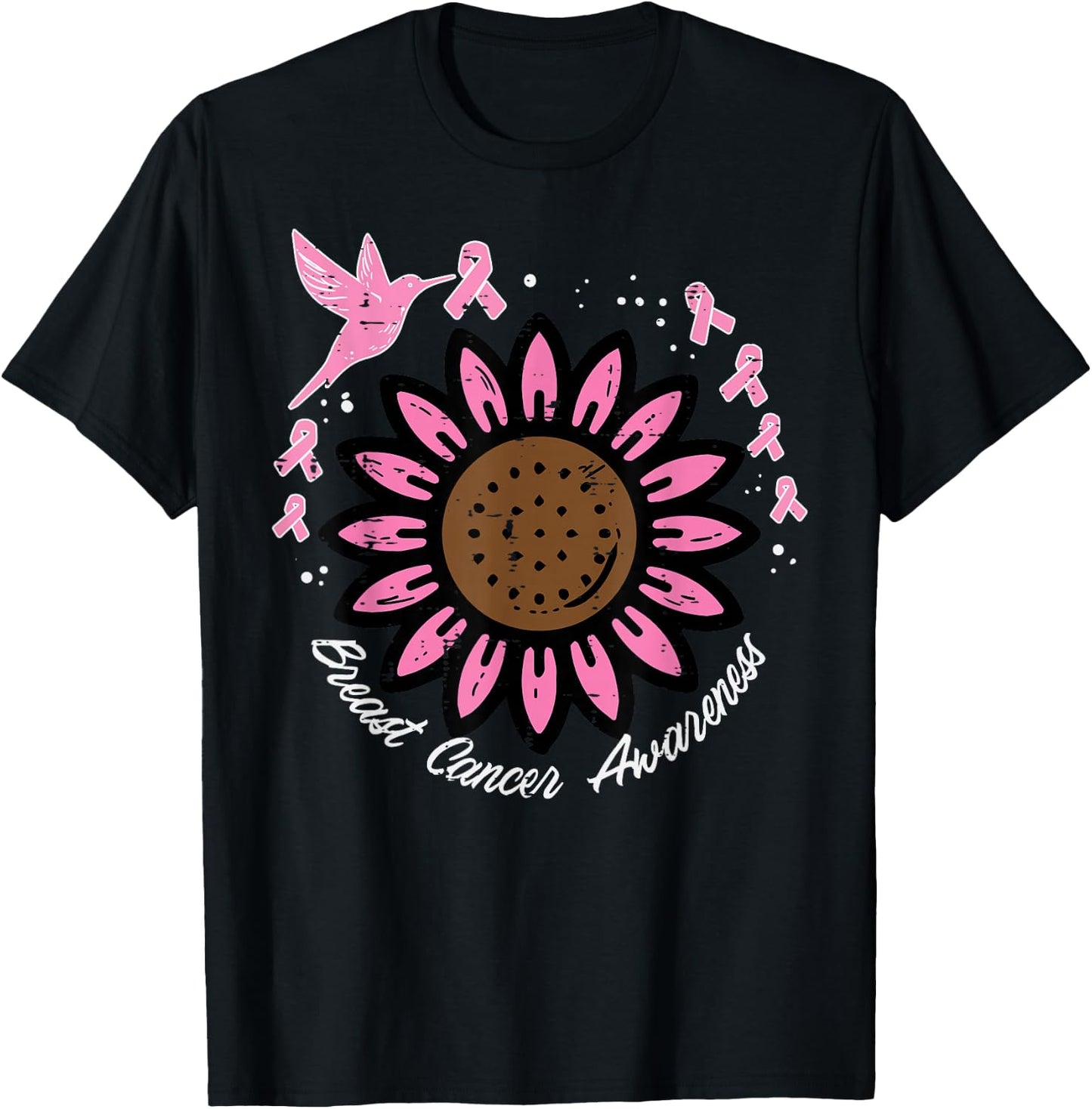 Hummingbird Sunflower Breast Cancer Awareness Women T-Shirt - T-Shirt | Black
