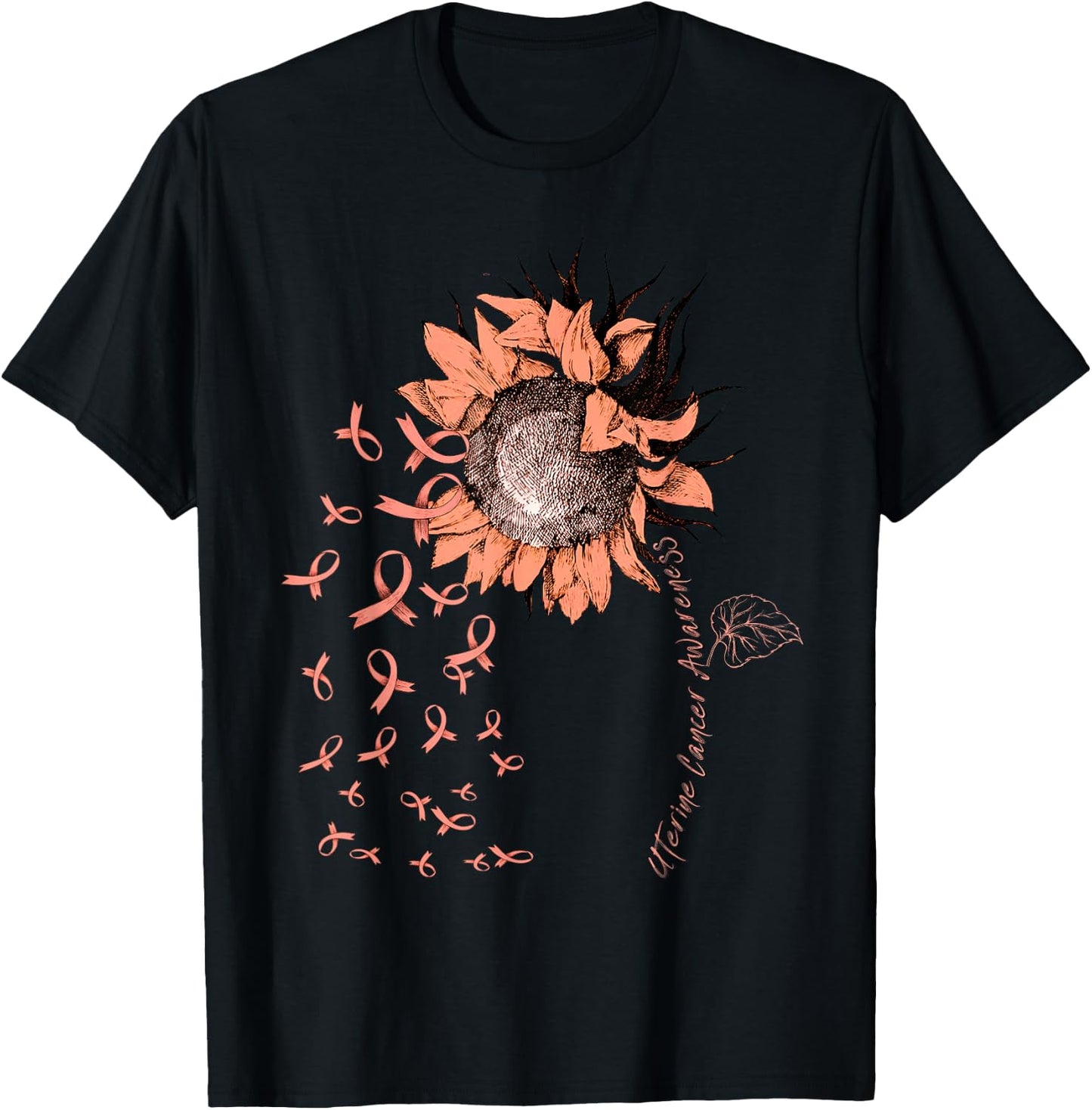 UTERINE CANCER Awareness Sunflower Peach Ribbon T-Shirt - T-Shirt | Black