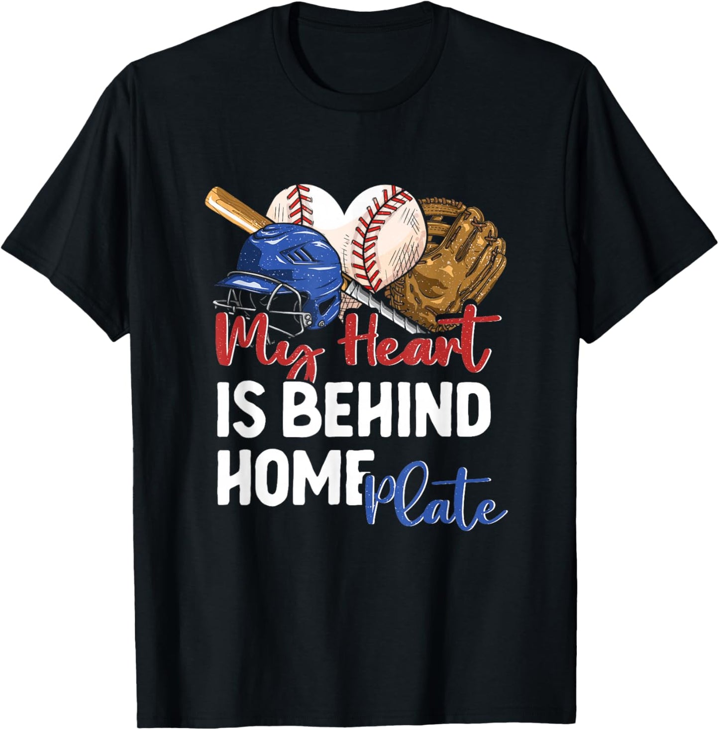 Mom Baseball Softball My Heart is Behind Home Plate Catcher T-Shirt - T-Shirt | Black