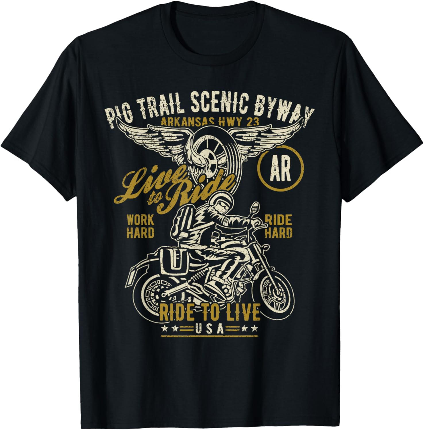 Pig Trail Scenic Byway Hwy 23 AR USA Motorcycle Design T-Shirt - T-Shirt | Black