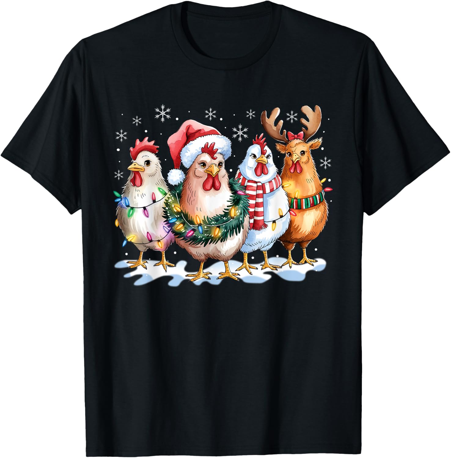 Funny Chicken Santa Hat Reindeer Christmas Lights Ornaments T-Shirt - T-Shirt | Black