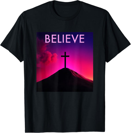 Believe Christian Cross Faith Jesus Christ Men Women Kids T-Shirt - T-Shirt | Black
