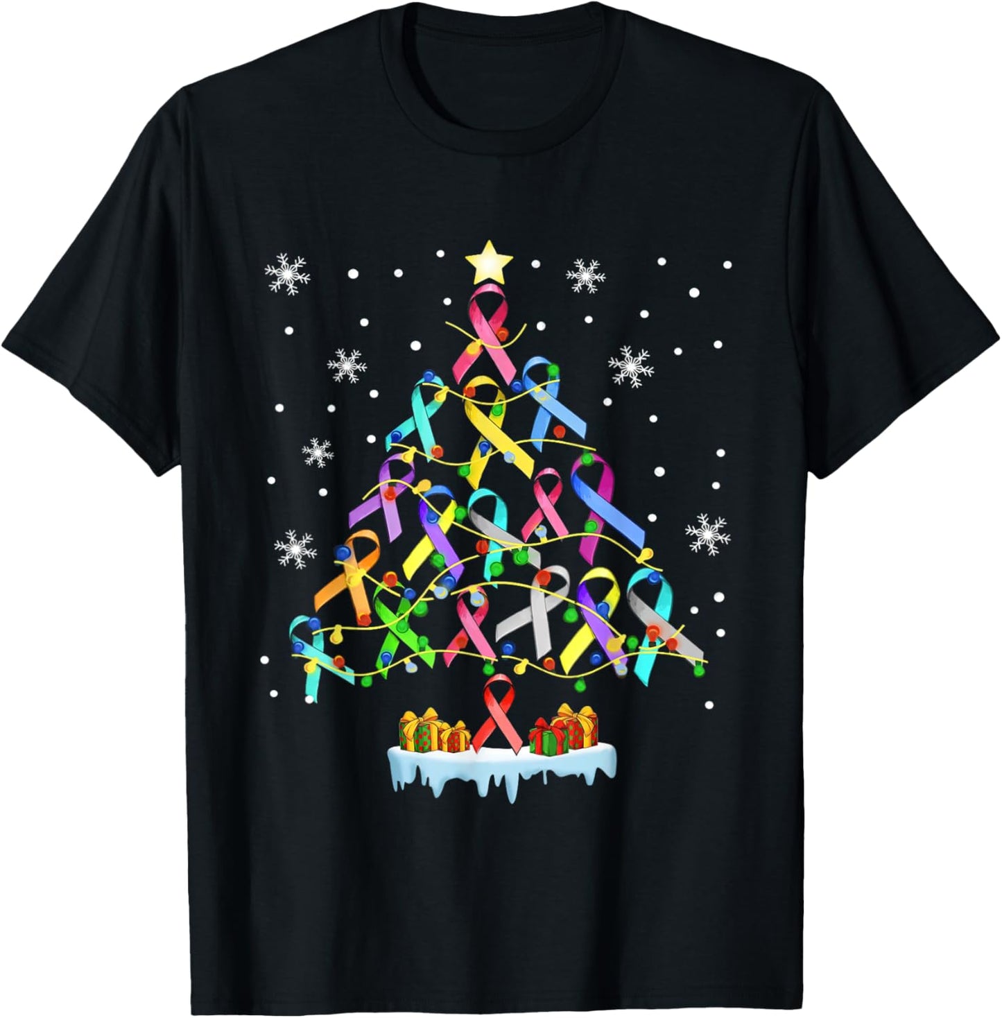 Hope Fight Cancer Christmas Tree Ribbon Christmas Awareness T-Shirt - T-Shirt | Black