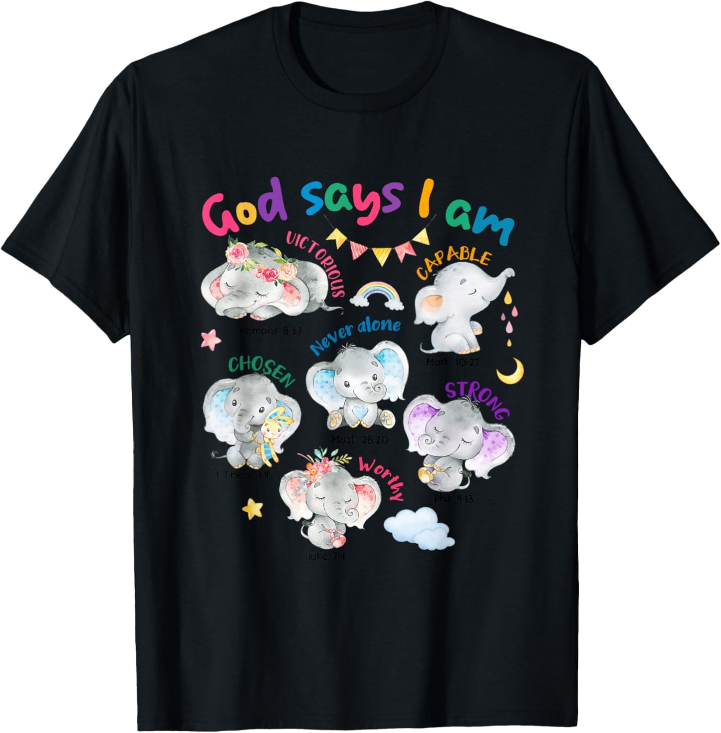 God Says I Am Cute Elephant Bible Verse Kids Toddler Girls T-Shirt - T-Shirt | Black