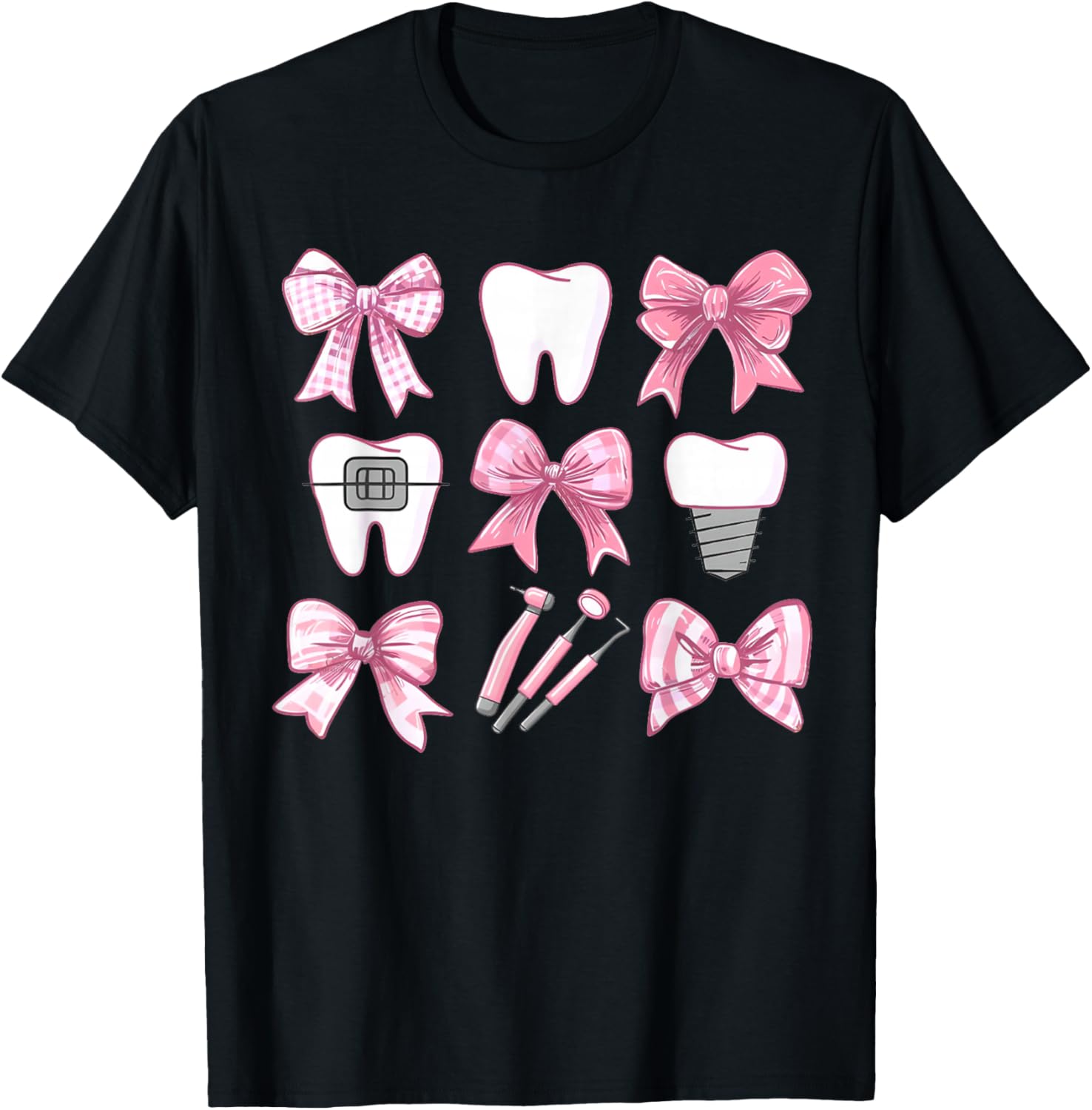 Cute Pink Coquette Bow Teeth Dentist Squad Dental Assistant T-Shirt - T-Shirt | Black