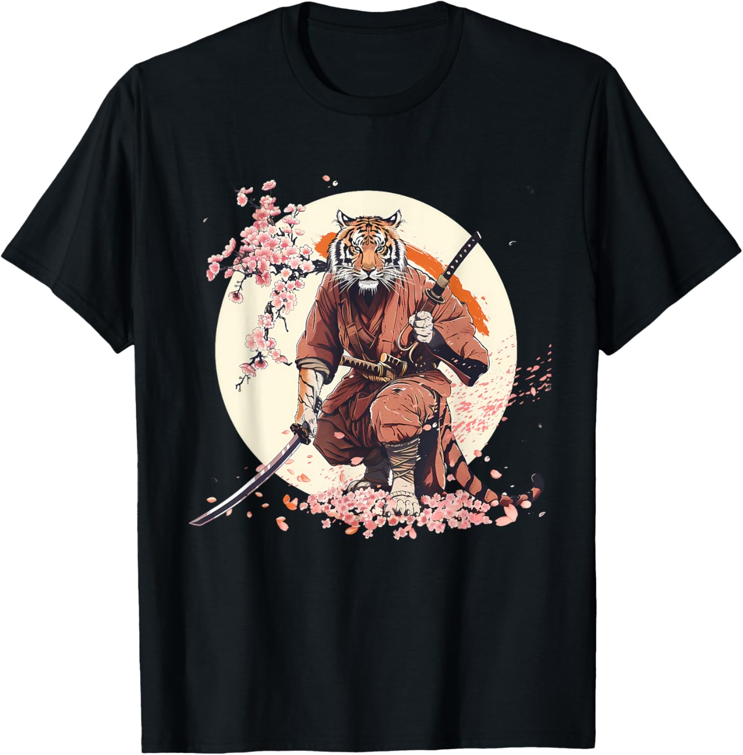 Samurai Tiger Sakura Tree Floral Anime Japanese Ninja Tiger T-Shirt - T-Shirt | Black