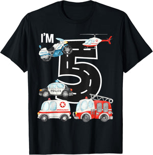 Emergency Vehicles 5th Birthday Fire Truck Police Car Boys T-Shirt - T-Shirt | Black