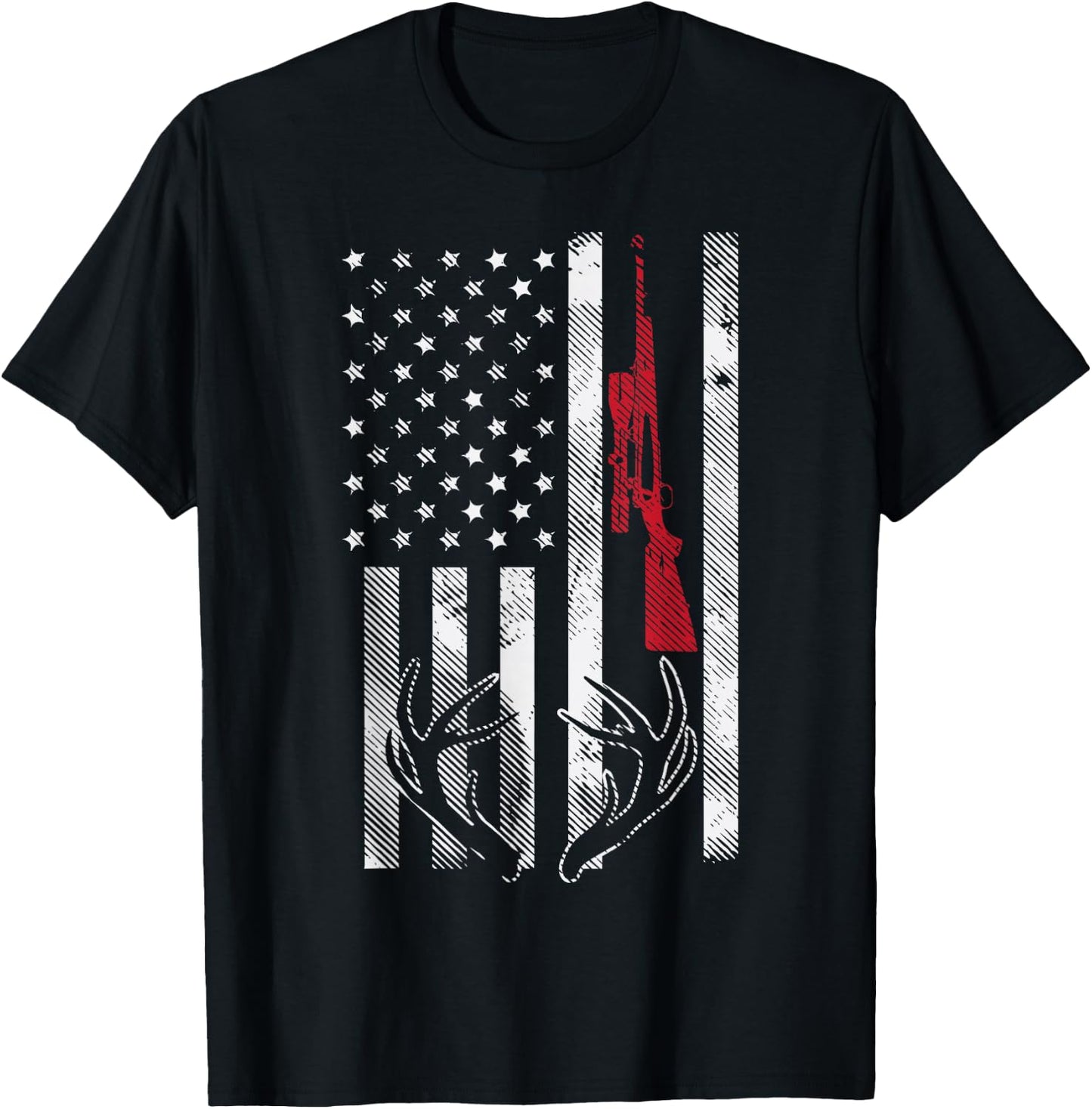 American Flag Rifle Antler Vintage Deer Hunting Hunter Gift T-Shirt - T-Shirt | Black