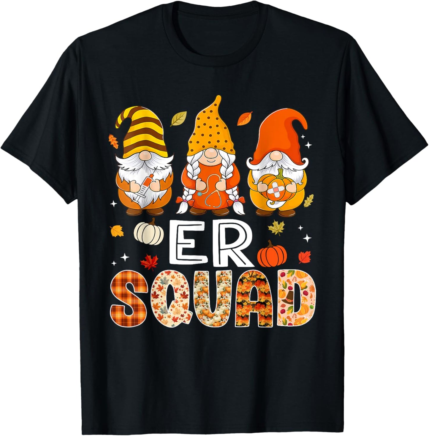 ER Squad Gnome Nurse Leopard Thanksgiving Fall Stethoscope T-Shirt - T-Shirt | Black