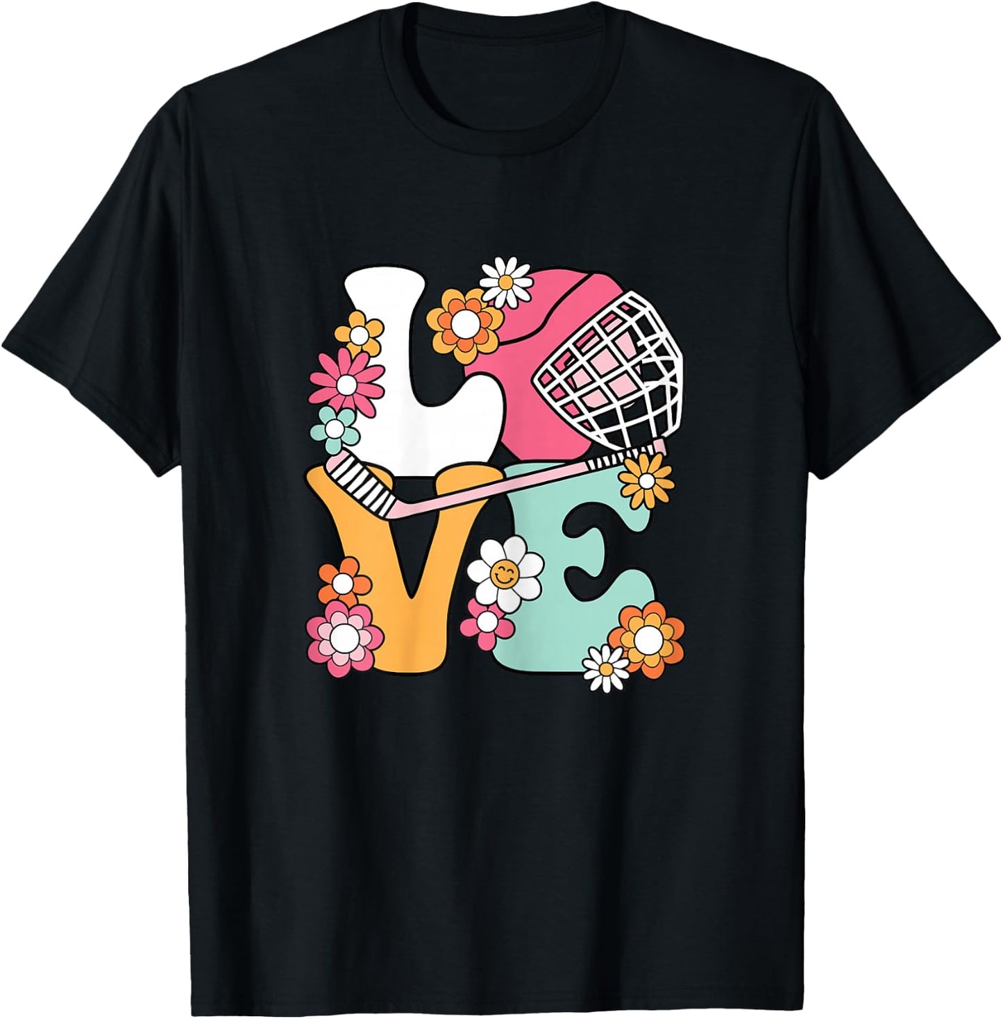 Groovy Hockey Love Ice Hockey Lover Women Girls Cute Hockey T-Shirt - T-Shirt | Black