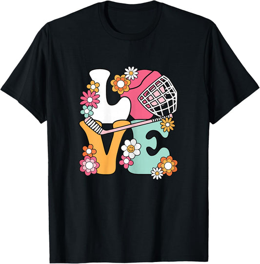 Groovy Hockey Love Ice Hockey Lover Women Girls Cute Hockey T-Shirt - T-Shirt | Black