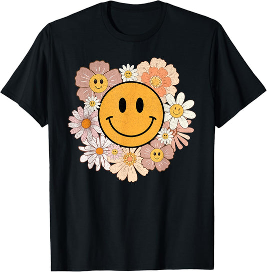 Retro Groovy Smile Happy Face Cute Hippie Flowers 70s T-Shirt - T-Shirt | Black