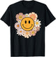 Retro Groovy Smile Happy Face Cute Hippie Flowers 70s T-Shirt - T-Shirt | Black