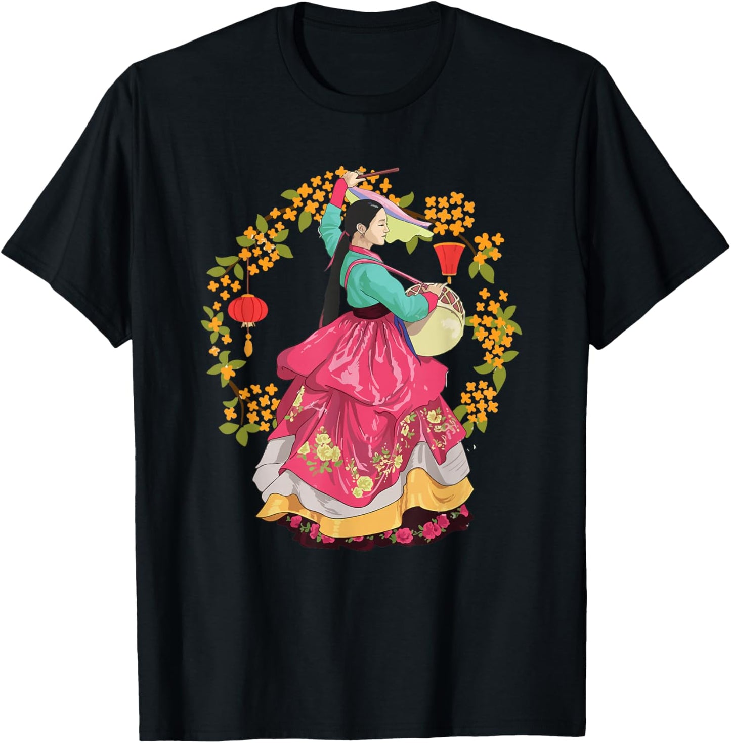Beautiful Korea Girl Wearing Traditional Korean Hanbok T-Shirt - T-Shirt | Black