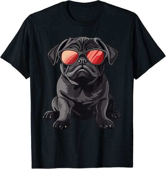 Black Pug Wearing Sunglasses Dog T-Shirt - T-Shirt | Black