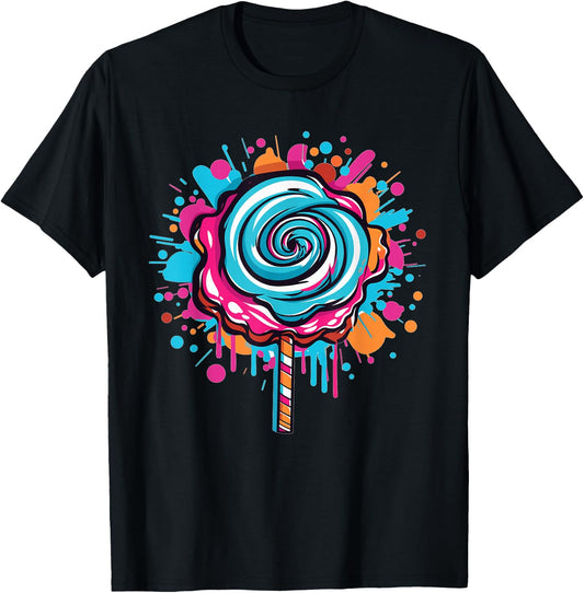 Vibrant Candy Swirl Splash Lollipop Art T-Shirt - T-Shirt | Black