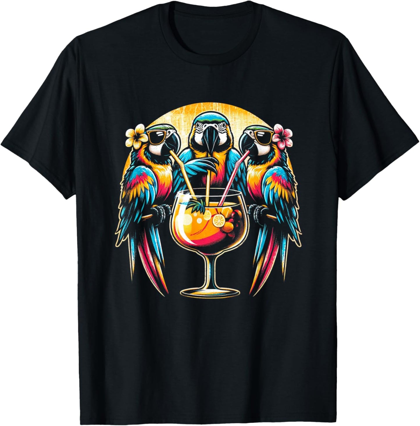 Parrots Drinking Margarita Tropical Birds Vacation Hawaiian T-Shirt - T-Shirt | Black