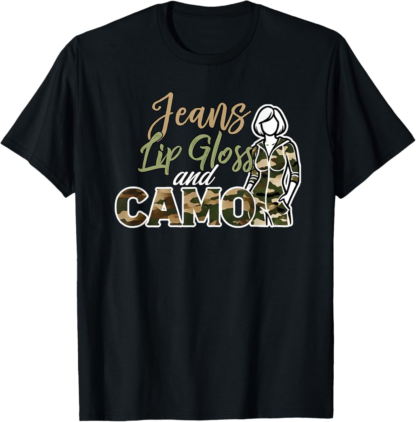 Jeans Lip Gloss and Camo Camouflage Graphic Jumpsuit T-Shirt - T-Shirt | Black