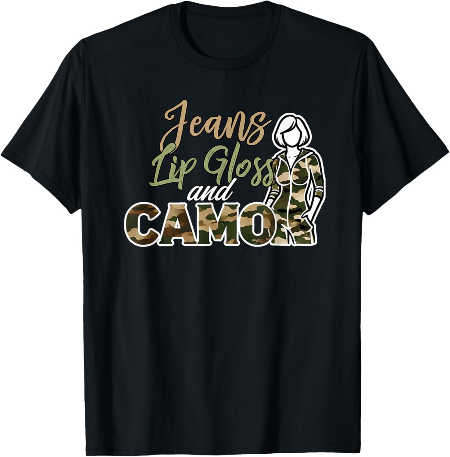 Jeans Lip Gloss and Camo Camouflage Graphic Jumpsuit T-Shirt - T-Shirt | Black